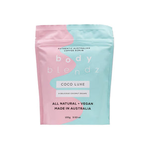 Pink and light blue package of BodyBlendz Coco Luxe Coffee Body Scrub