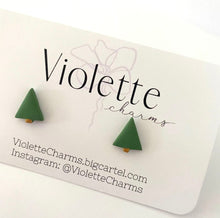 Load image into Gallery viewer, Christmas green triangular shaped polymer clay stud with gold accent on backing card
