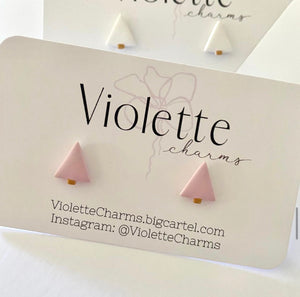 Soft Blush Pink triangular shaped polymer clay stud with gold accent on backing card