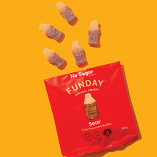 Load image into Gallery viewer, Funday Natural Sweets Sour Cola Bottles packet with bottles coming out of pack
