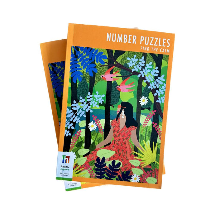 Two Number Puzzle books stacked on top of each other witha  colourful illustration of a women sitting in nature