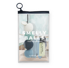 Load image into Gallery viewer, four felt balls in tonal blue hues packaged in a clear zip pouch with a small bottle of fragrence.

