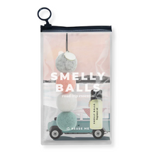 Load image into Gallery viewer, four felt balls in pink, grey, white and aqua packaged in a clear zip pouch with a small frangrance oil bottle
