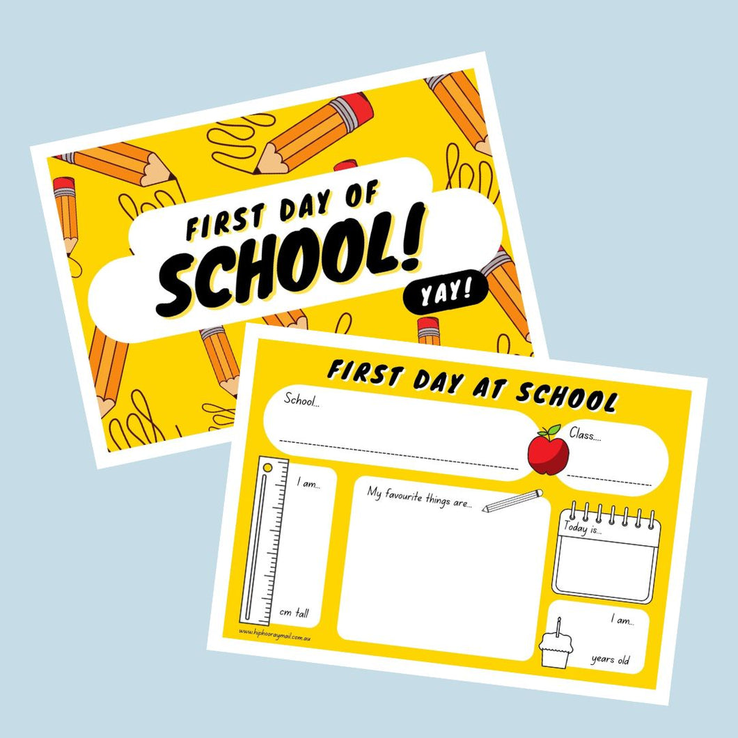 image of the front and back design of a first day of school postcard and keepsake