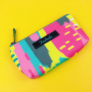 Small handamde pink, yellow, aqua fabric all purpose zip pouch for Cosmetics, Sunglasses, keys or cash