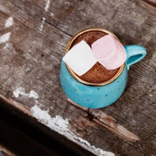 Load image into Gallery viewer, Turquoise Mug with hot chocolate and marshmallows. Grounded Pleasures Original Drinking Chocolate 
