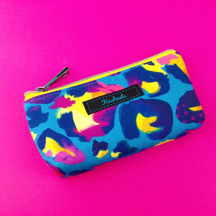 Small zip pouch bag with a blue, purple, hot pink and yellow leopard print fabric