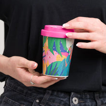 Load image into Gallery viewer, LNWY Travel Cup with artwork from Sirmano with pink screw top lid bot made from 100% plant fibre 
