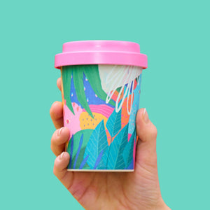 LNWY Travel Cup with artwork from Sirmano with pink screw top lid bot made from 100% plant fibre 