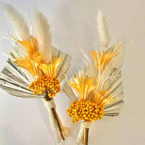 Mini dried preserved floral posy in a golden colour pallette