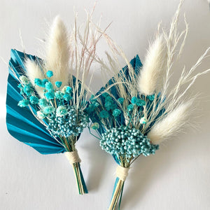 Mini dried preserved floral posy in a turquoise colour pallette