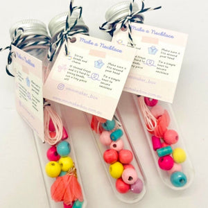 DIY Colourful Timber Bead Necklace Kit with fabric flower in Test Tube packaging and tag