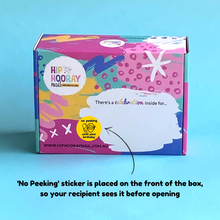 Load image into Gallery viewer, Hip Hooray Mail signature gift box with yellow no peeking until your birthday sticker placed on front

