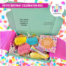 Load image into Gallery viewer, A mini aqua mailer box displaying 3 handmade cookies, 2 balloons, a party blowout and a card which says &#39;Have  great day!&#39; sprinkledon a bed of shredded paper, sprinkled with confetti and enveloped in pink paper
