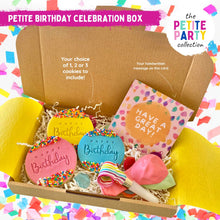 Load image into Gallery viewer, A mini kraft mailer box displaying 3 handmade cookies, 2 balloons, a party blowout and a card which says &#39;Have great day!&#39; sprinkledon a bed of shredded paper, sprinkled with confetti and enveloped in yellow paper
