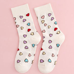 White Crew Socks with colourful hearts