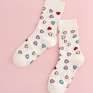 White Crew Socks with colourful hearts