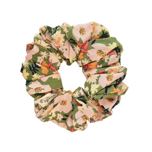 Handmade Scrunchie in Secret Garden, a olive green fabric with peach tone florals