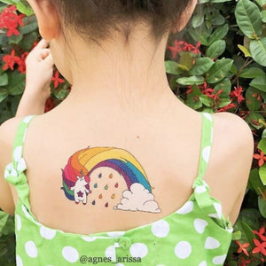 Temporary Tattoo in a colourful Unicorn with Rainbow Hair Design on the back of a child