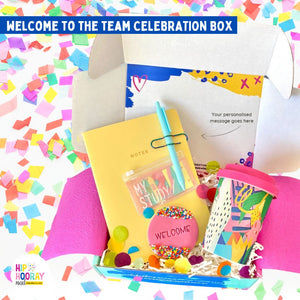 Colourful gift box with Yellow NoteBook, Pen, Pen Clip, Stationery Sticky Flags, Welcome Sugar Cookie and Colourful Travel Cup