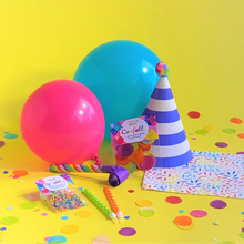 Load image into Gallery viewer, Hip Hooray Mail Party Essentials Kit with Balloons, Party Hat, Party Blow out, Confetti, Sprinkles, Candle and Napkin
